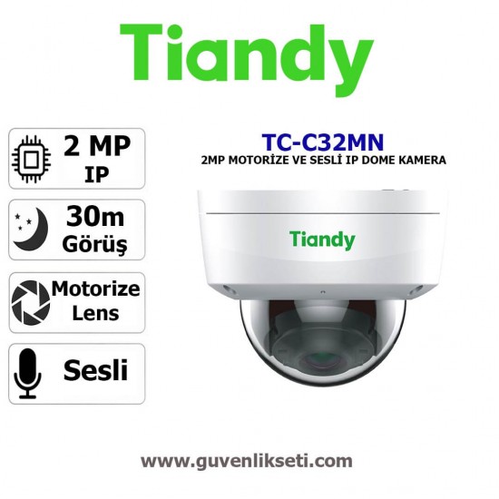 Tiandy TC-C32MN 2mp Sesli Motorize ip Dome Kamera Tiandy TC-C32MN 2MP motorize IP dome kamera, ayarlanabilir lens, sesli kayıt ve güçlü gece görüş performansı ile profesyonel güvenlik sunar.